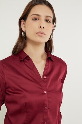 solid collar neck cotton women's formal wear shirt - red
