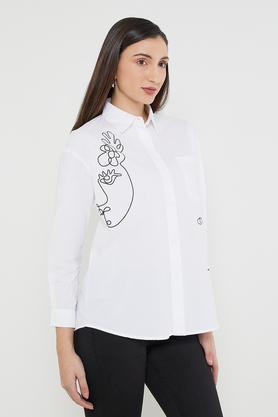 solid collar neck cotton women casual wear's shirt - white