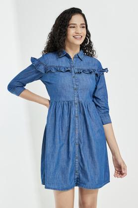 solid collar neck denim women's knee length dress - blue