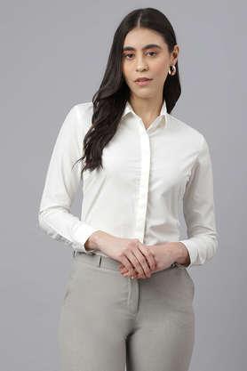 solid collar neck poly cotton women's formal wear shirt - cream
