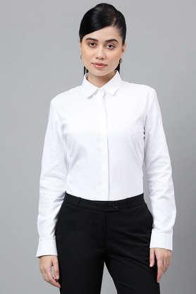 solid collar neck poly cotton women's formal wear shirt - white