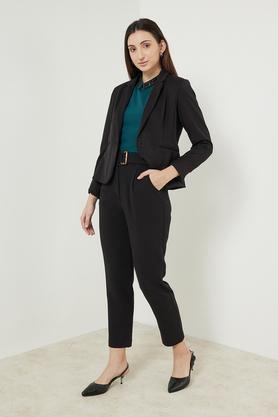 solid collar neck polyester blend women's formal wear blazer - black