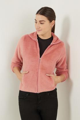 solid collar neck polyester stretch women's jacket - coral