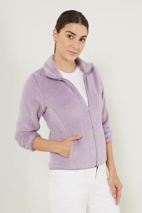 solid collar neck polyester stretch women's jacket - lavender