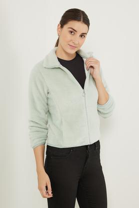 solid collar neck polyester stretch women's jacket - sage