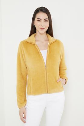 solid collar neck polyester stretch women's jacket - yellow