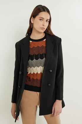solid collar neck polyester women's coat - black