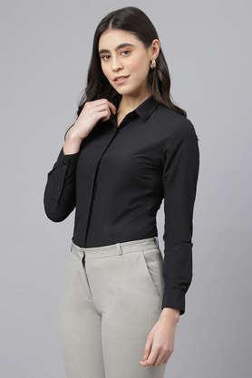 solid collar neck polyester women's formal wear shirt - black