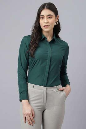 solid collar neck polyester women's formal wear shirt - bottle green