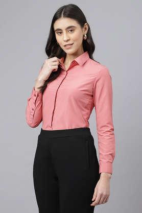 solid collar neck polyester women's formal wear shirt - coral
