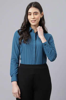solid collar neck polyester women's formal wear shirt - cyan