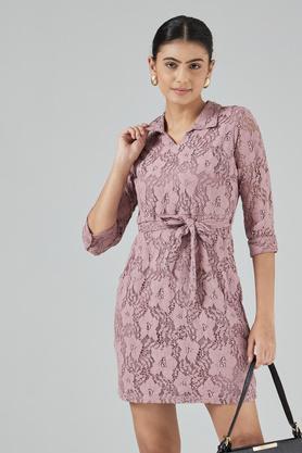 solid collar neck polyester women's midi dress - mauve