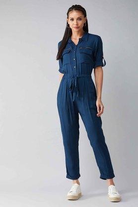 solid collar neck rayon women's regular fit jumpsuits - blue
