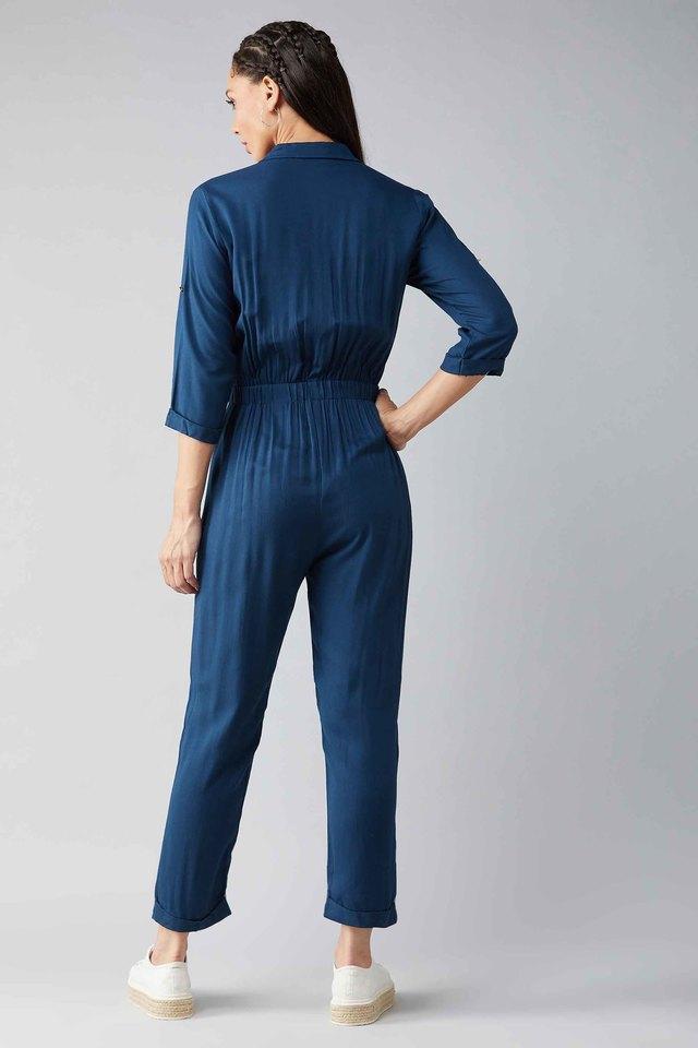 solid collar neck rayon womens regular fit jumpsuits