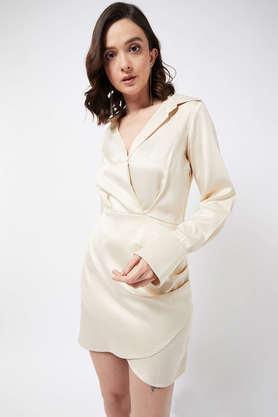 solid collar neck satin women's mini dress - natural