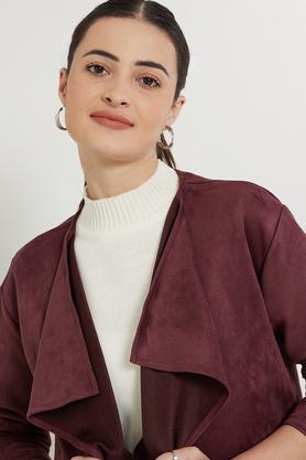 solid collar neck suede women's formal wear jacket - wine