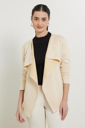 solid collar neck suede women's formal wear jacket - yellow