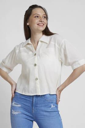 solid collar neck viscose women's casual wear shirt - white