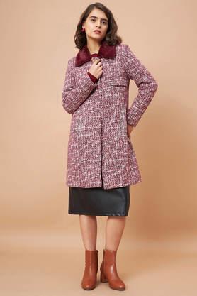 solid collared blended fabric women's casual wear coat - maroon