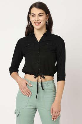 solid collared blended fabric women's casual wear shirt - black