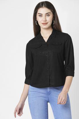 solid collared blended fabric women's casual wear shirt - black