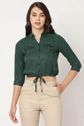 solid collared blended fabric women's casual wear shirt - green mix