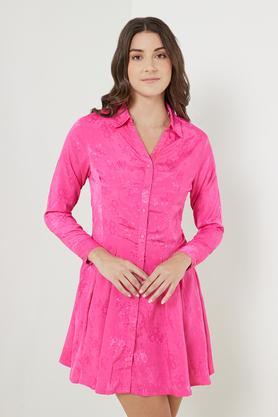 solid collared blended fabric women's dress - pink