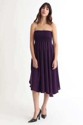 solid collared blended fabric women's dress - purple