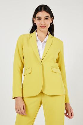 solid collared blended fabric women's formal wear blazer - green