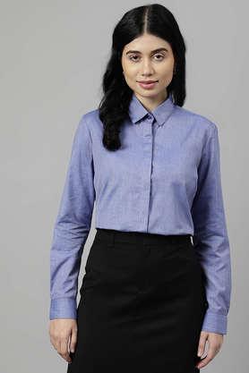 solid collared chambray women's formal wear shirt - blue