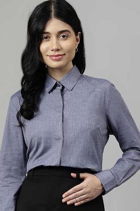 solid collared chambray women's formal wear shirt - navy