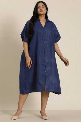 solid collared cotton women's calf length dress - navy