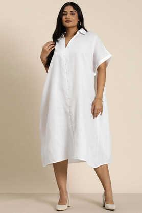 solid collared cotton women's calf length dress - white