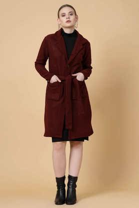 solid collared cotton women's casual wear coat - burgundy
