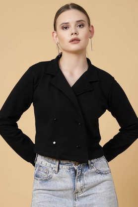 solid collared cotton women's casual wear jacket - black