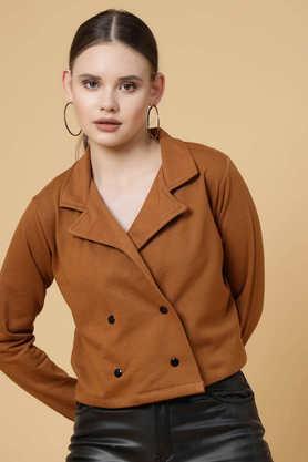 solid collared cotton women's casual wear jacket - brown