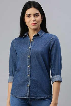 solid collared cotton women's casual wear shirt - dark blue