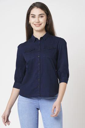 solid collared cotton women's casual wear shirt - ink blue