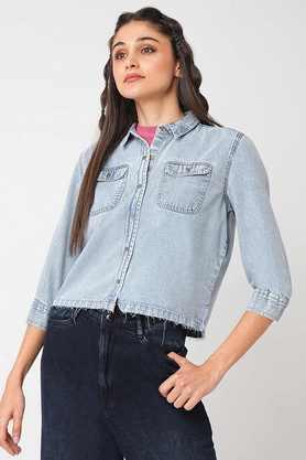 solid collared cotton women's casual wear shirt - light blue