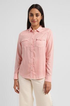 solid collared cotton women's casual wear shirt - pink