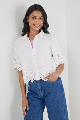 solid collared cotton women's casual wear shirt - white