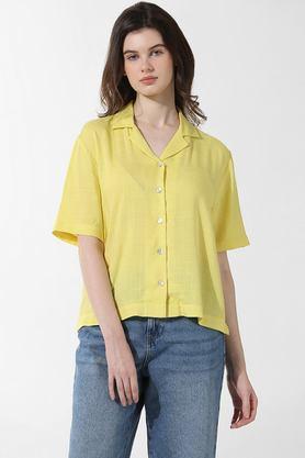 solid collared cotton women's casual wear shirt - yellow