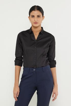solid collared cotton women's formal wear shirt - black