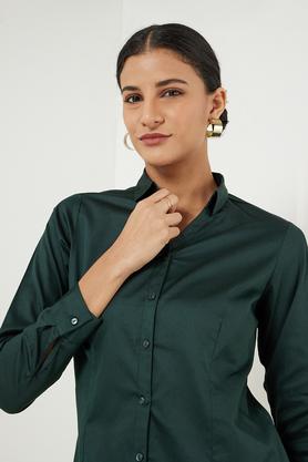 solid collared cotton women's formal wear shirt - bottle green