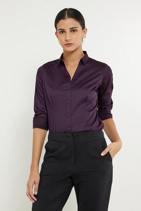 solid collared cotton women's formal wear shirt - purple