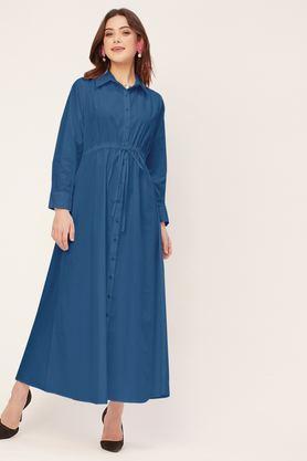 solid collared cotton women's full length dress - blue