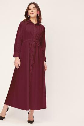 solid collared cotton women's full length dress - maroon