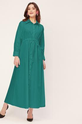 solid collared cotton women's full length dress - teal