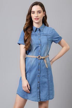 solid collared cotton women's knee length dress - blue