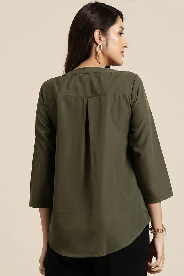 solid collared crepe women's casual wear shirt - olive